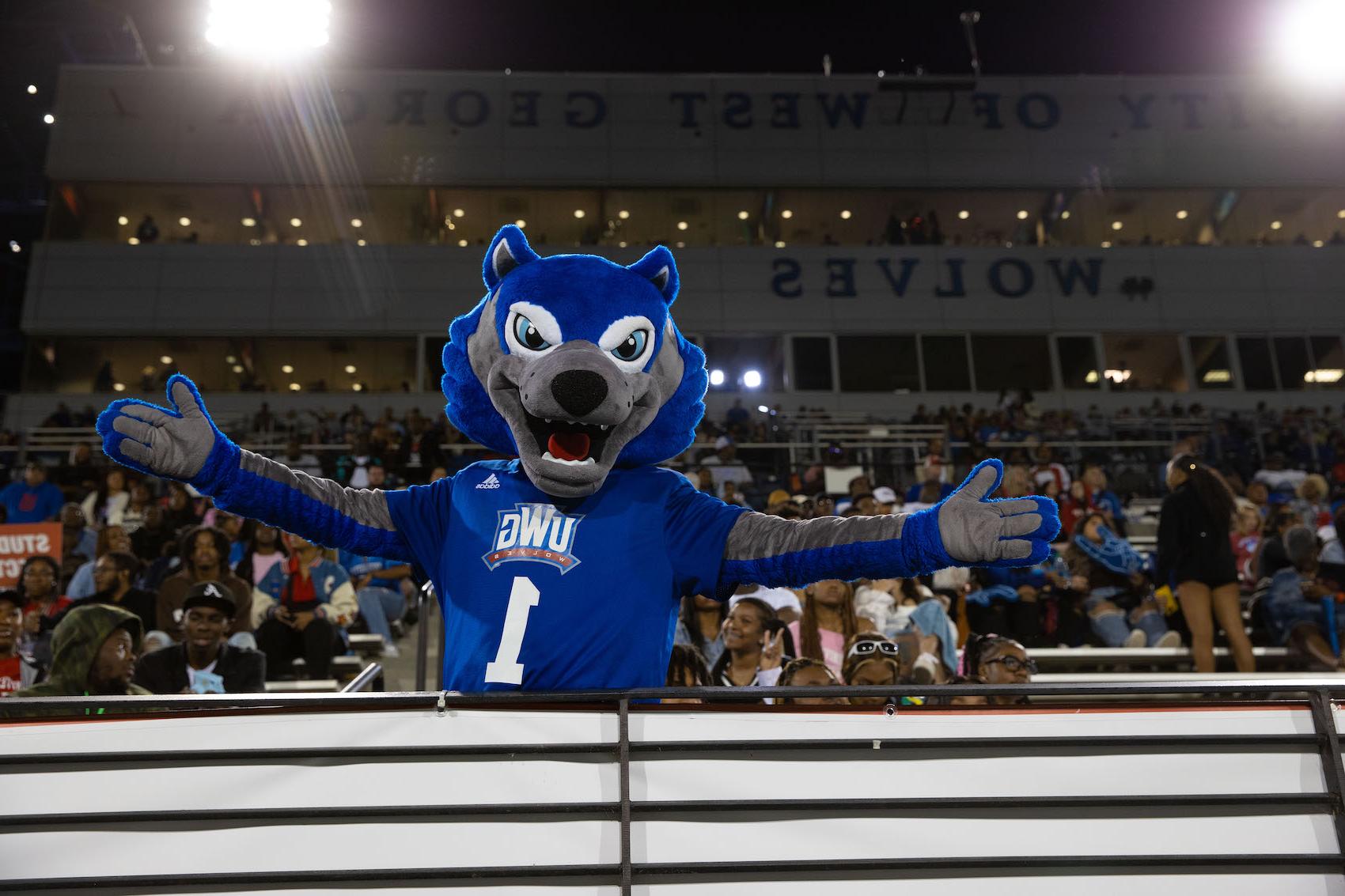 Homecoming Game at University Stadium with Wolfie sporting his Homecoming crown.